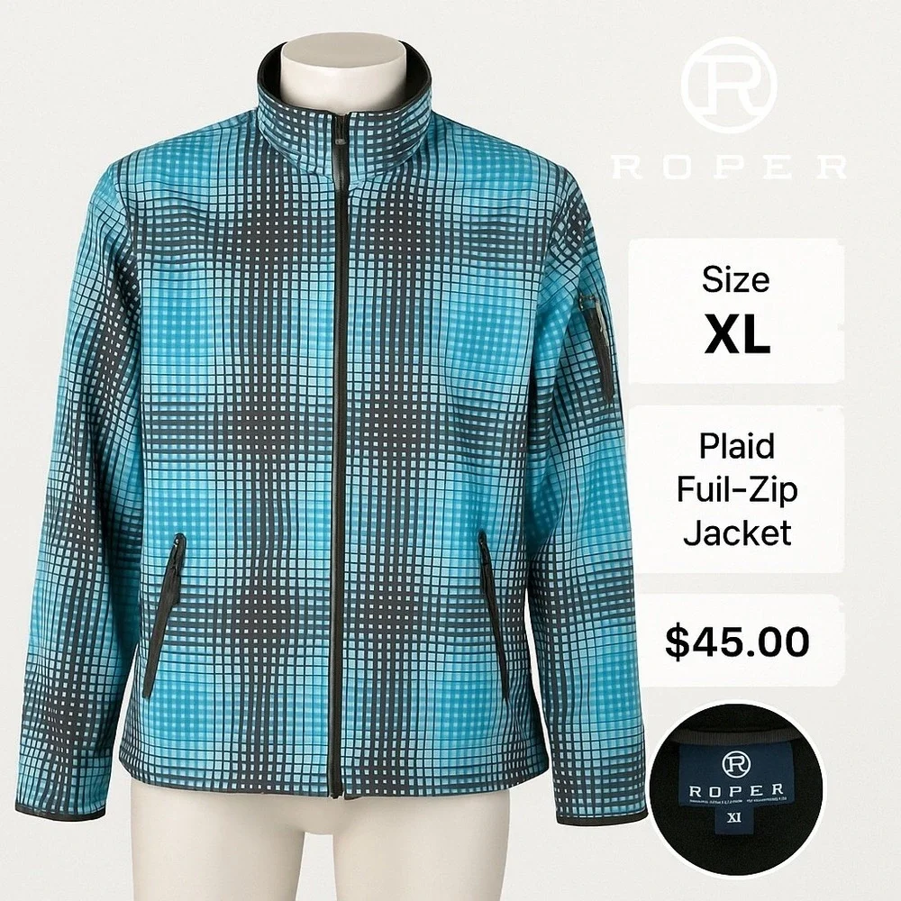 Roper Women's Softshell Jacket‎ Blue Plaid Zip Front Western Outdoor Coat XL